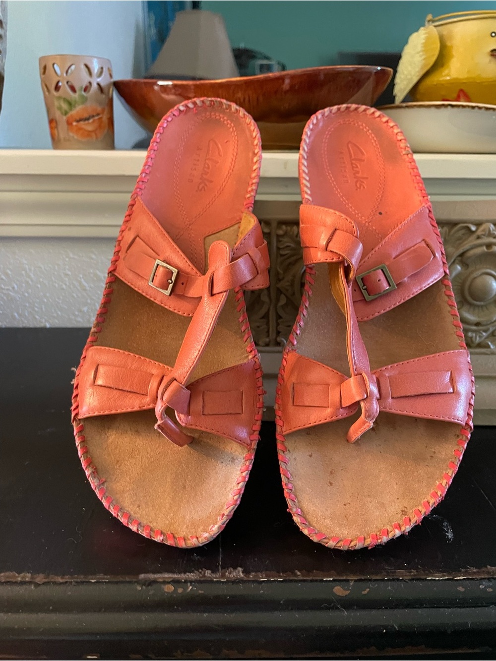Clarks Women's Coral-Orange Leather Slide Sandals